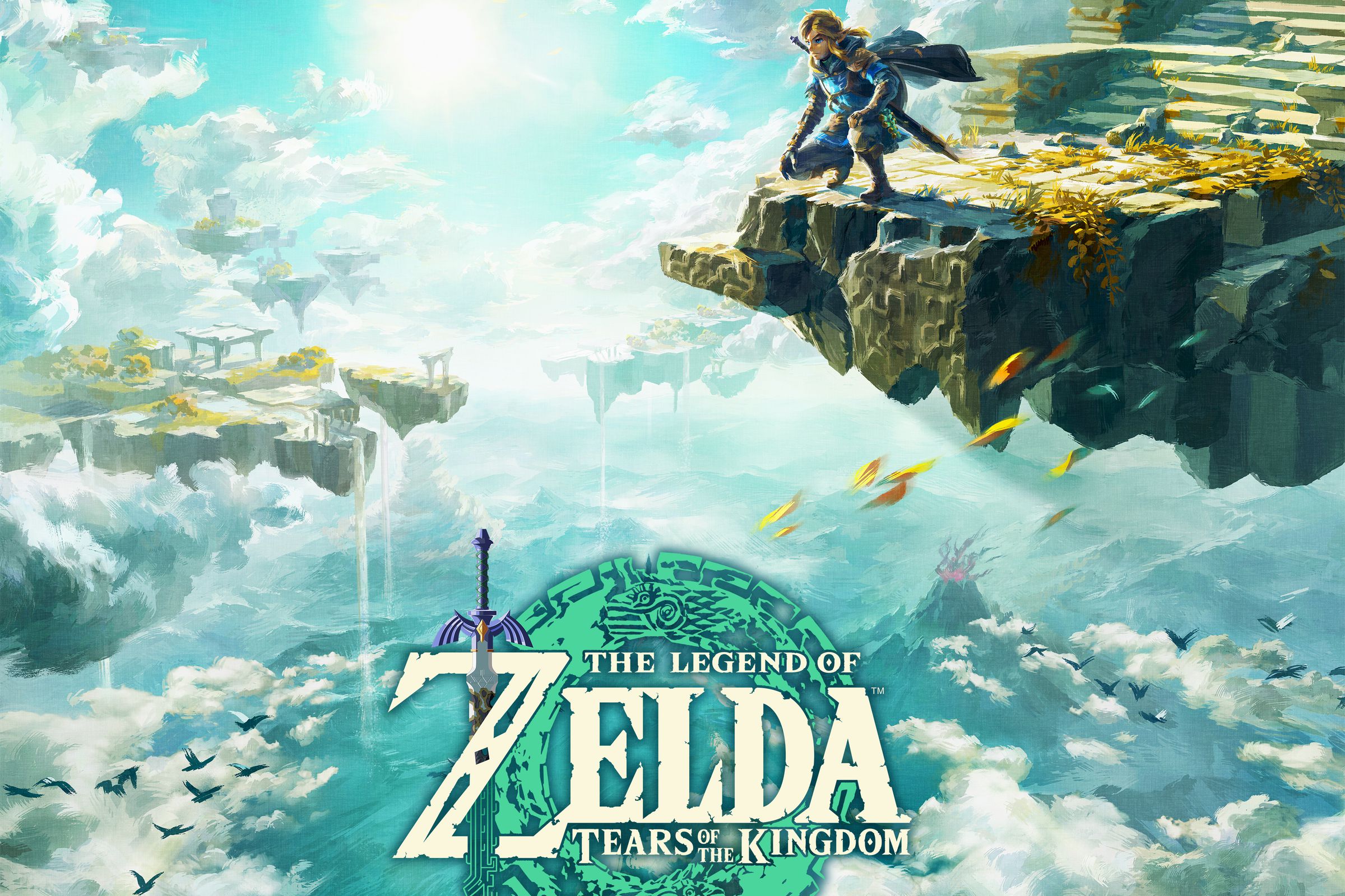 Link, wearing a blue cloak, kneels down at the edge of an island, hovering above the clouds. Other sky islands float in the background.