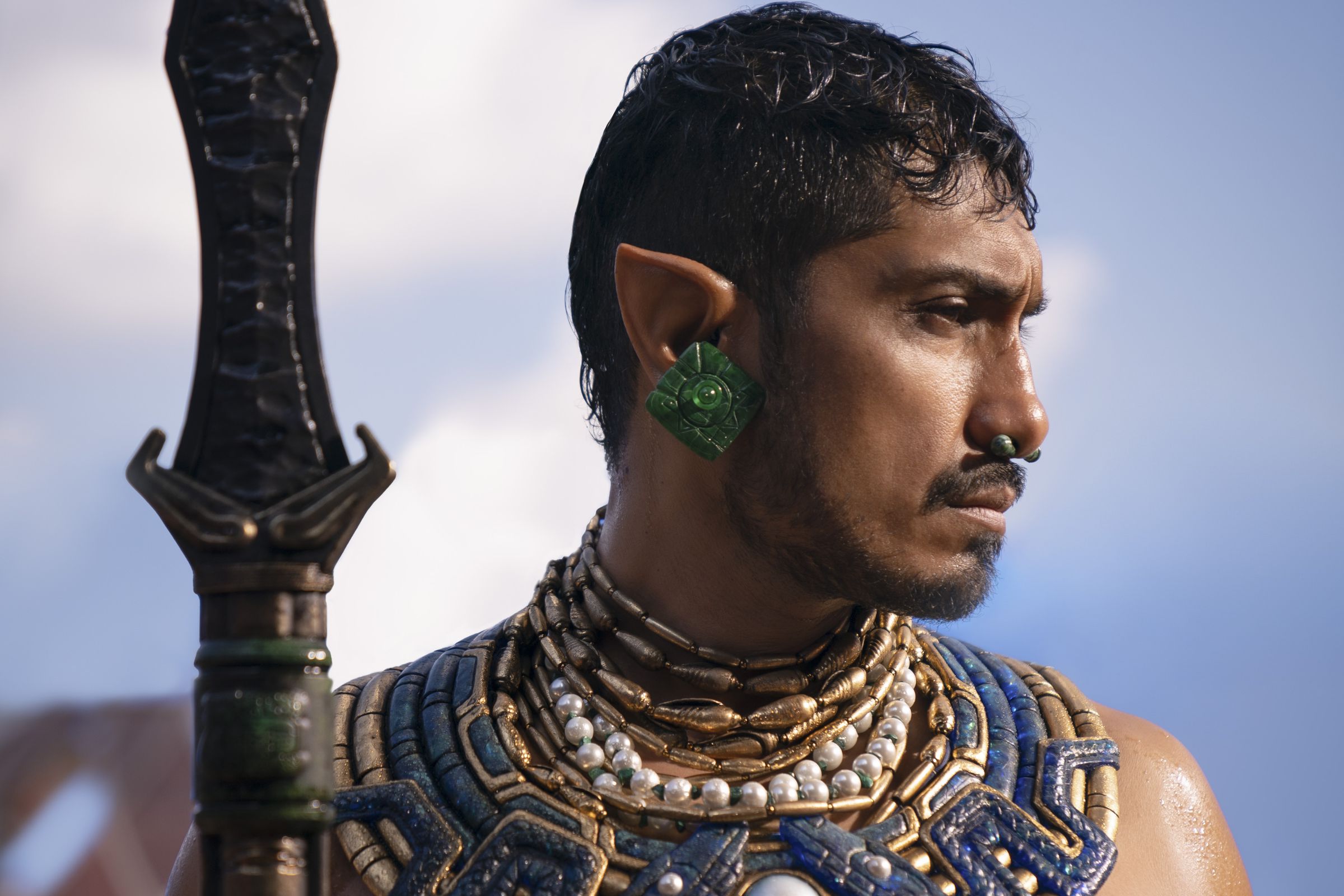 A tight profile shot of a man with pointed ears who is wearing many necklaces featuring intricate beadwork that form a wide collar down his chest. In the foreground is an ornate spear that the man is holding.