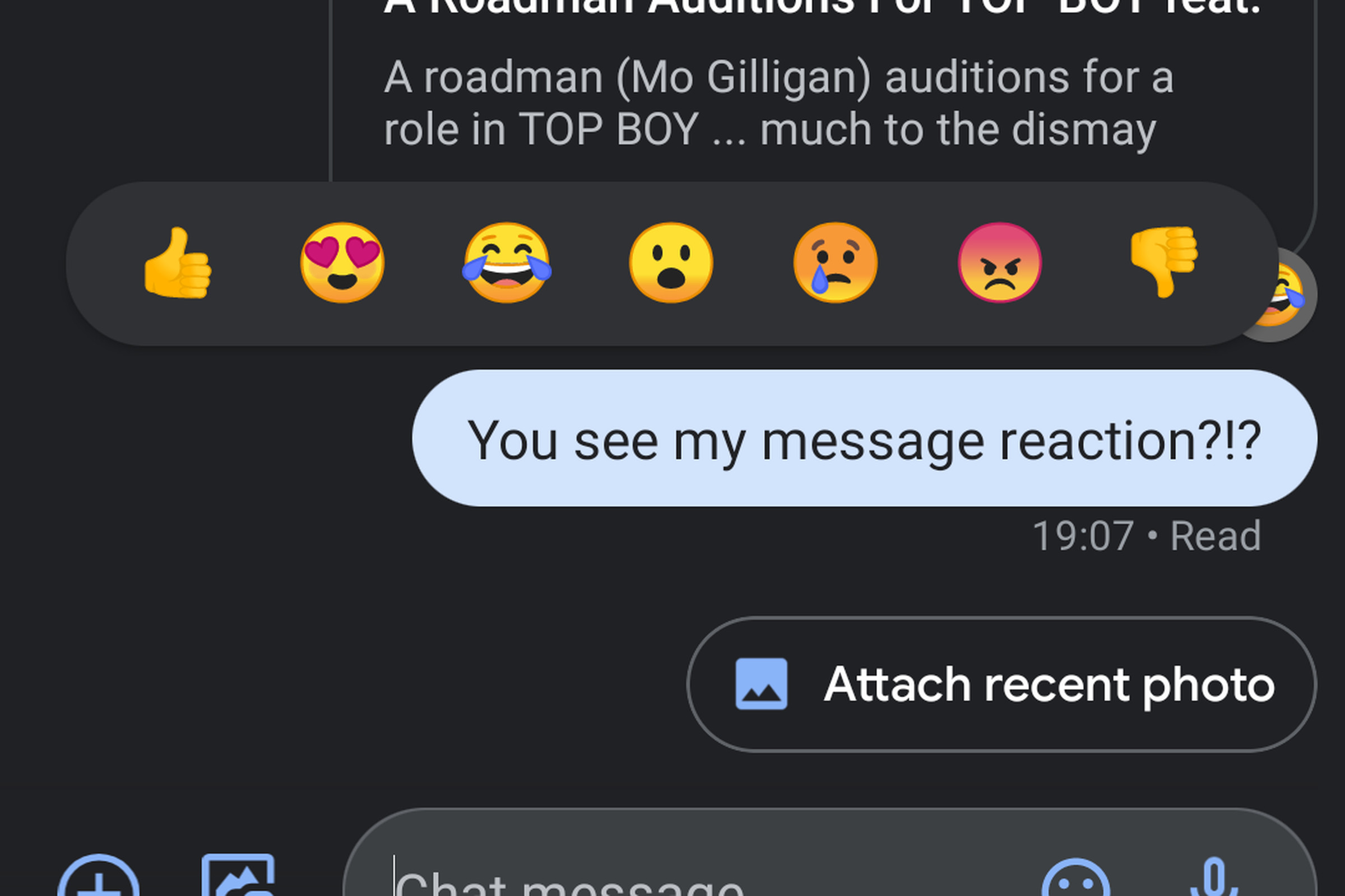 Users in the test can react to messages by long-pressing on them.