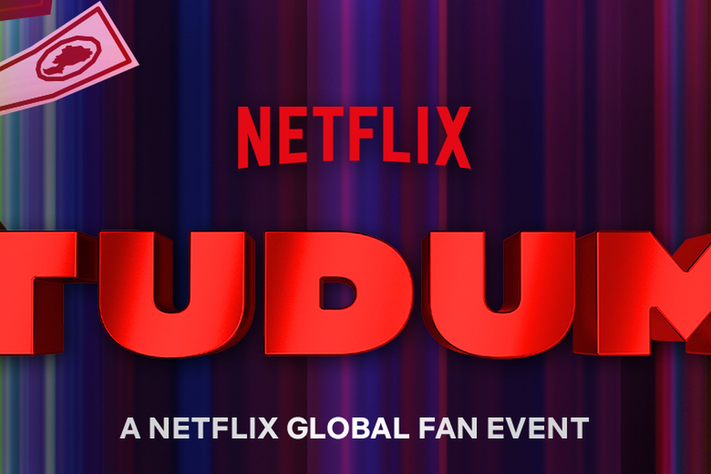 The Netflix logo and the Tudum logo, both of which are just the words “Netflix” and “Tudum” spelled out, along with clip art of a playing card and a character from Squid Game.