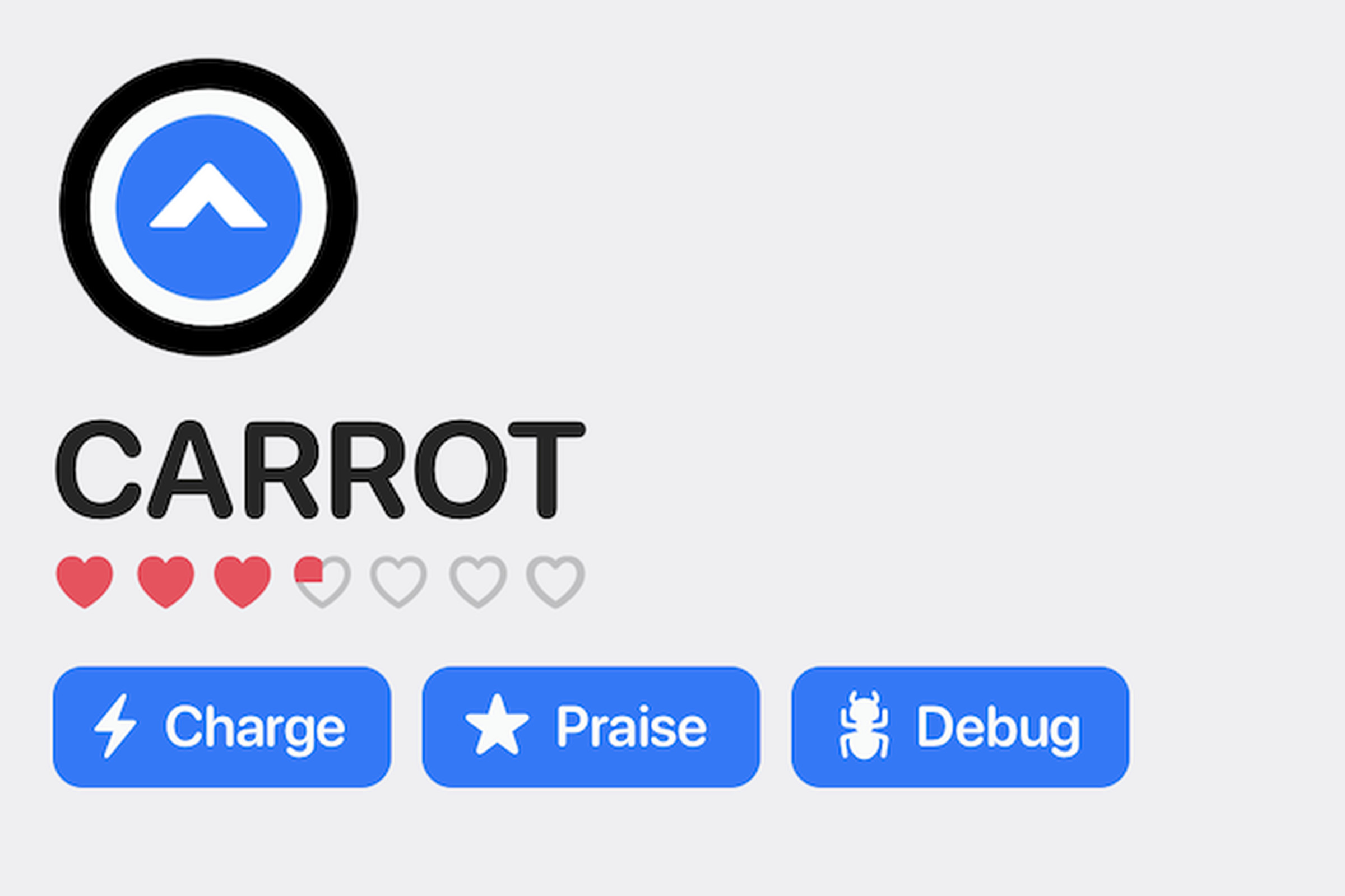 Screenshot of the Carrot Weather AI button, with a heart meter and three buttons under it that say “charge,” “praise,” and “debug.”