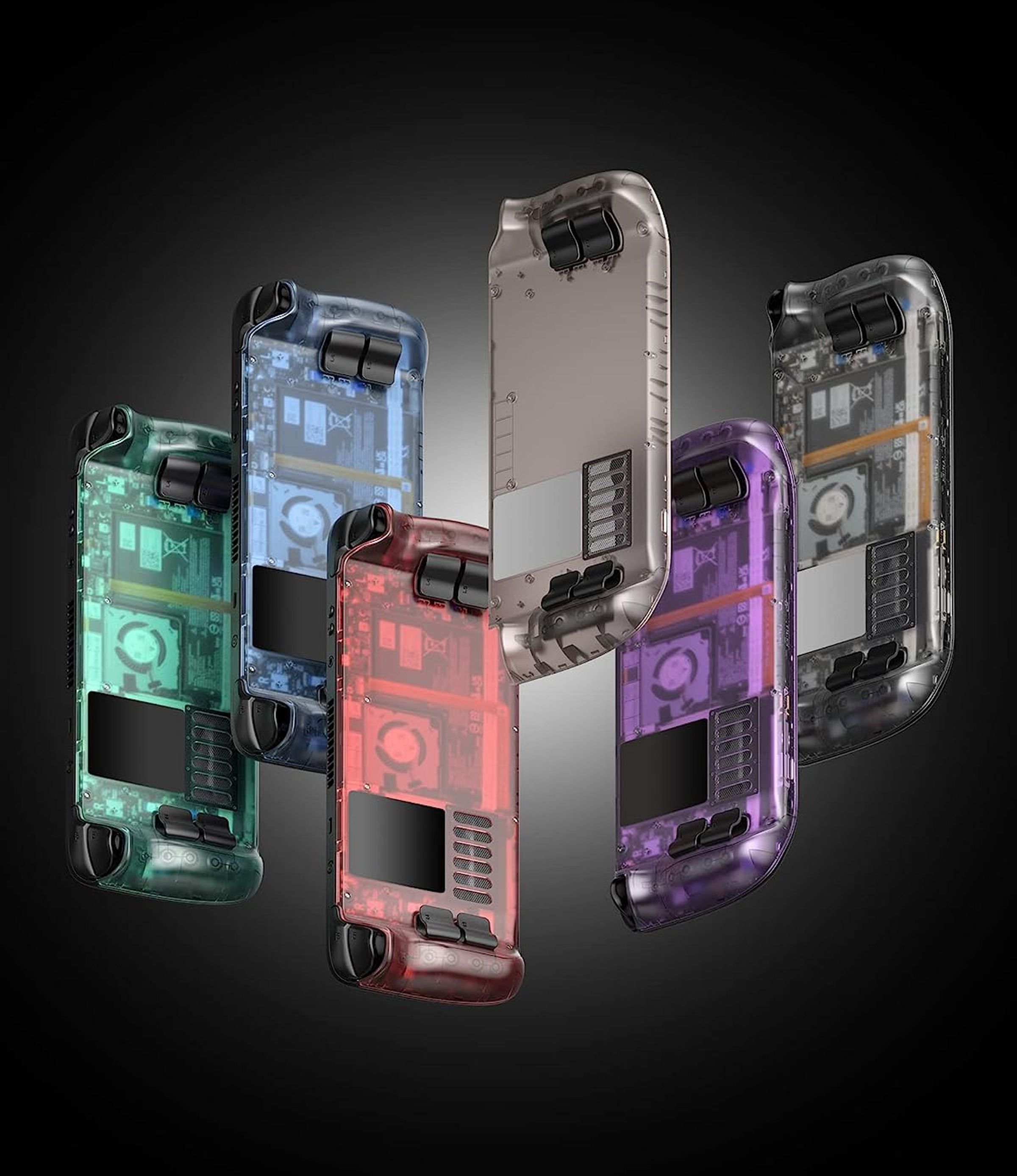 A lineup of Steam Deck handheld PC consoles outfitted in Jsaux’s colorful see-through backplates.