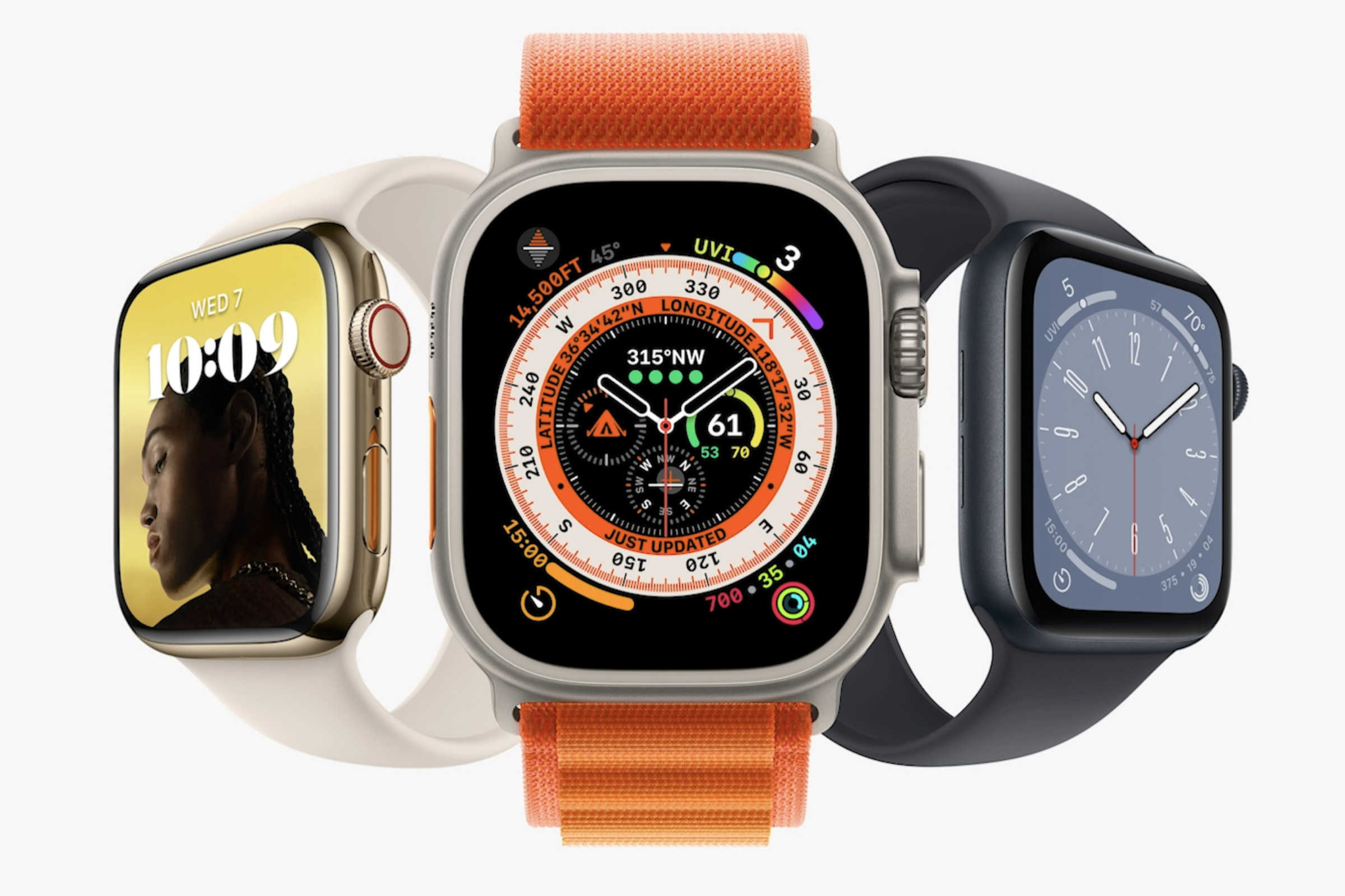A side-by-side lineup of Apple’s new Apple Watches for 2022. Left: Apple Watch Series 8. Center: Apple Watch Ultra. Right: Apple Watch SE (2022).