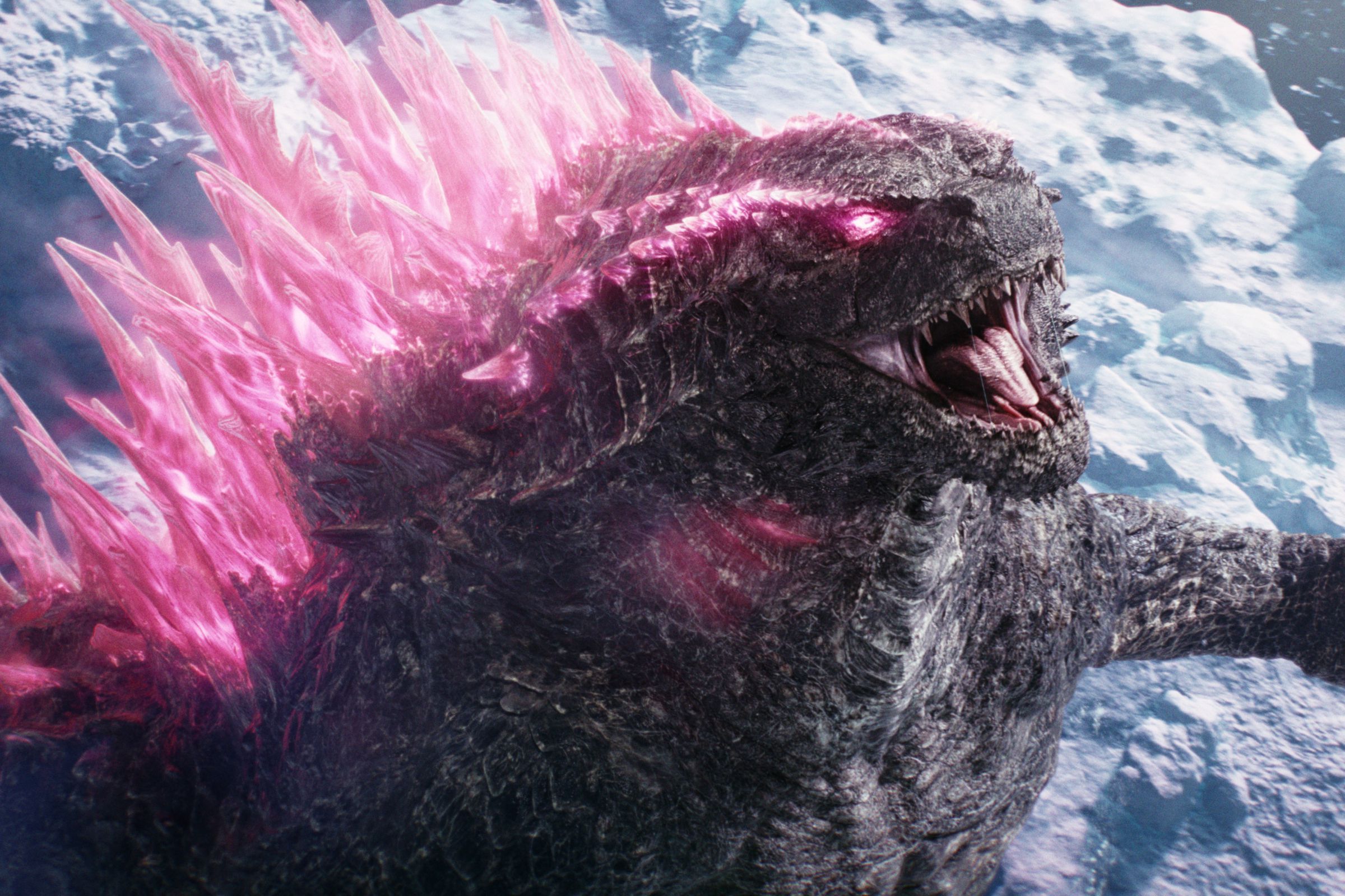 A massive, bipedal reptile with glowing pink spikes protruding from its back roaring up at the sky.