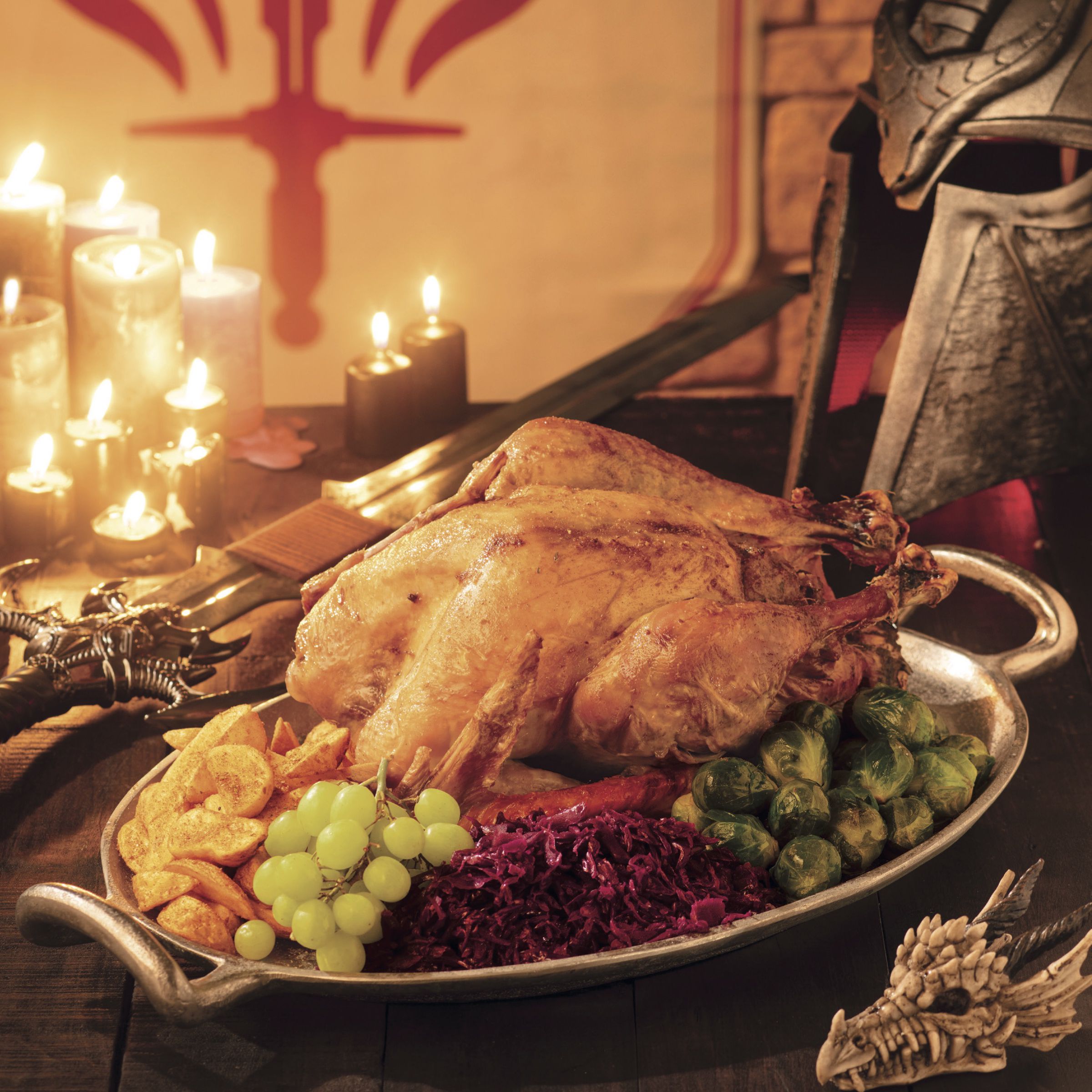 A roast turkey dinner in front of a helmet, sword, and banner representing Dragon Age’s templar order.