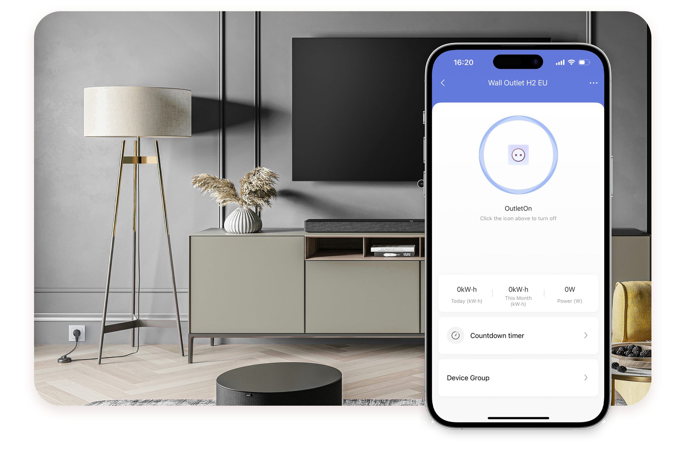 The Aqara app showing current energy usage superimposed upon a home living room plugged into the new H2 outlet.