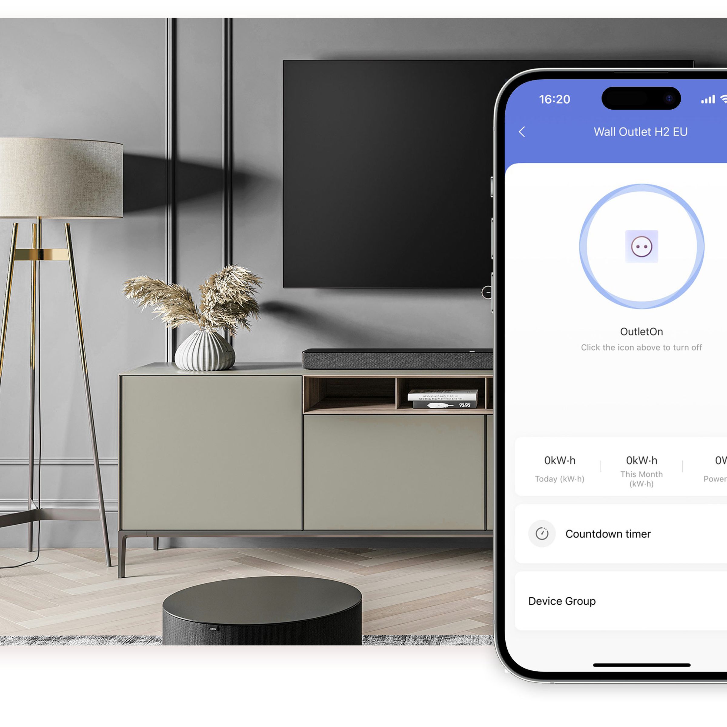 The Aqara app showing current energy usage superimposed upon a home living room plugged into the new H2 outlet.