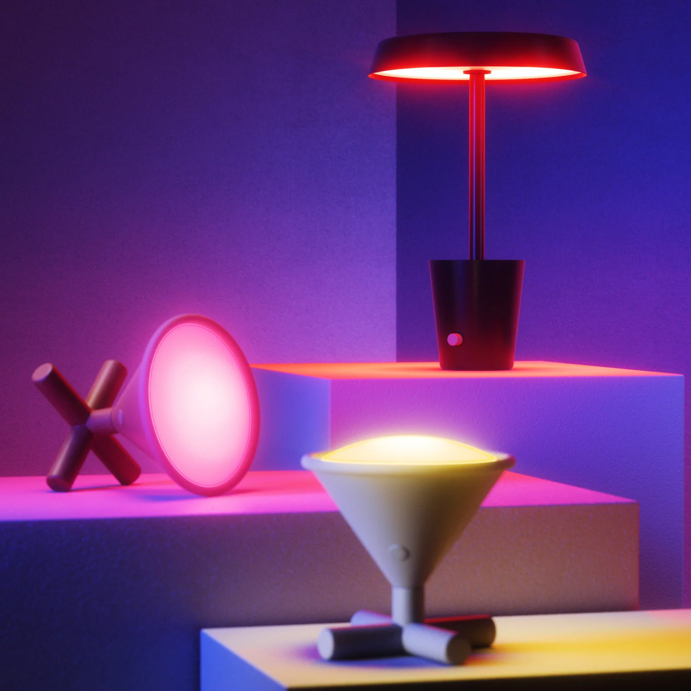 Three colorful smart lamps on shelves of varying heights.