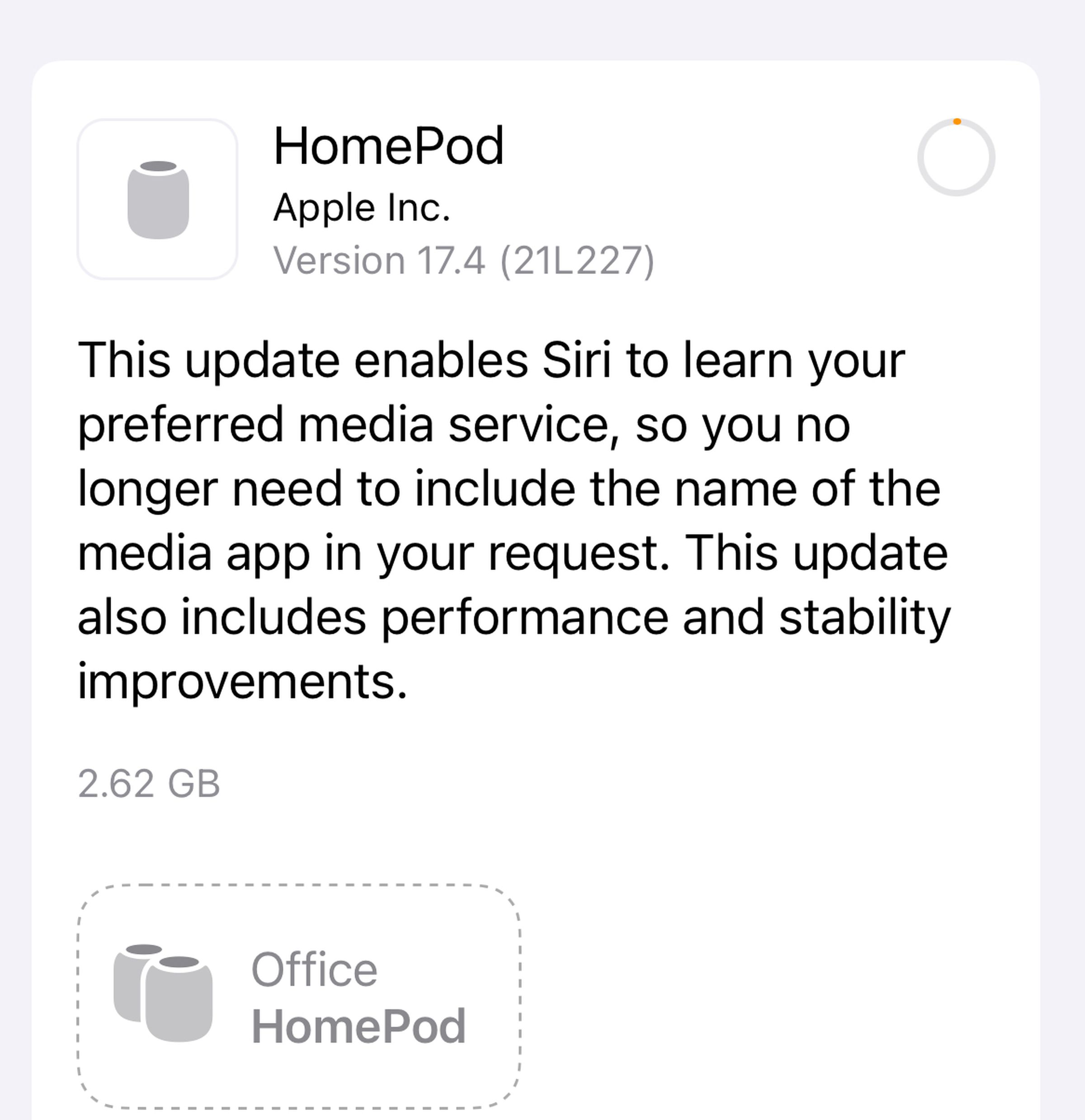 Apple’s update notes for HomePod software 17.4, “This update enables Siri to learn your preferred media service, so you no longer need to include the name of the media app in your request. This update also includes performance and stability improvements.”