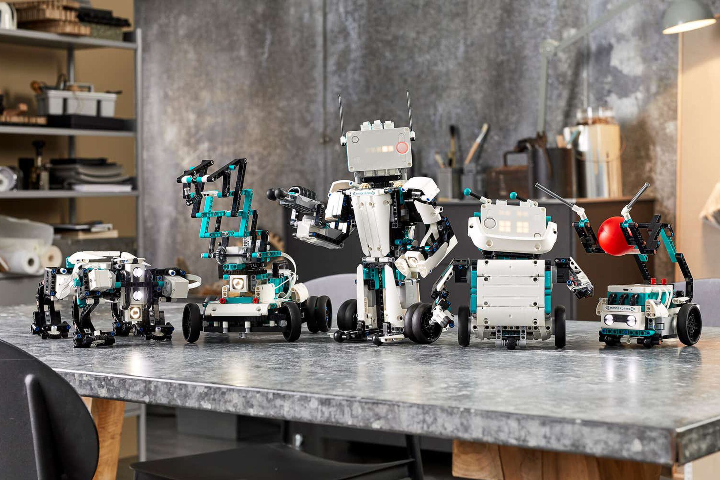 Image of five robots made out of Lego bricks.