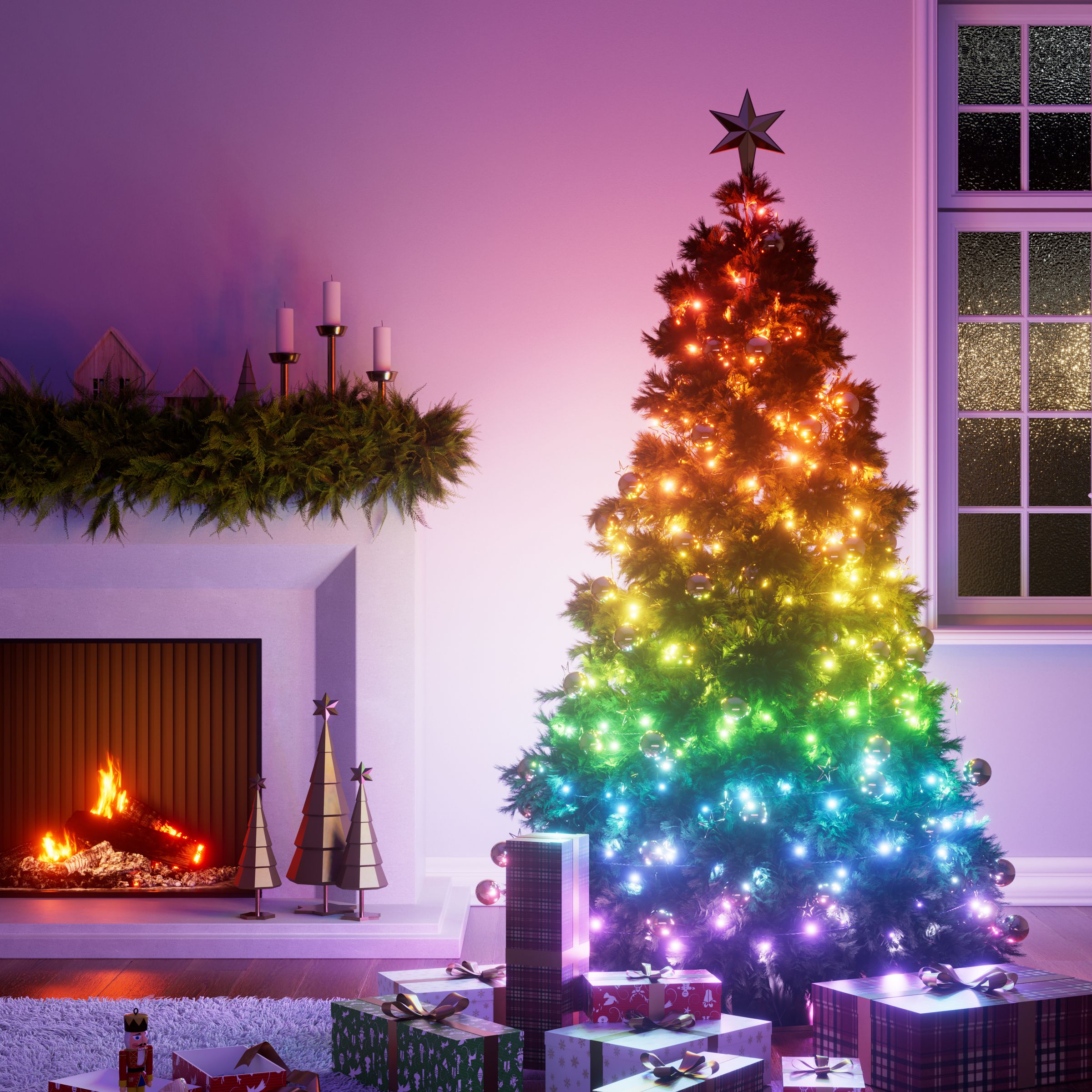 A Christmas tree in a living room lit up by Nanoleaf’s multicolor string lights.