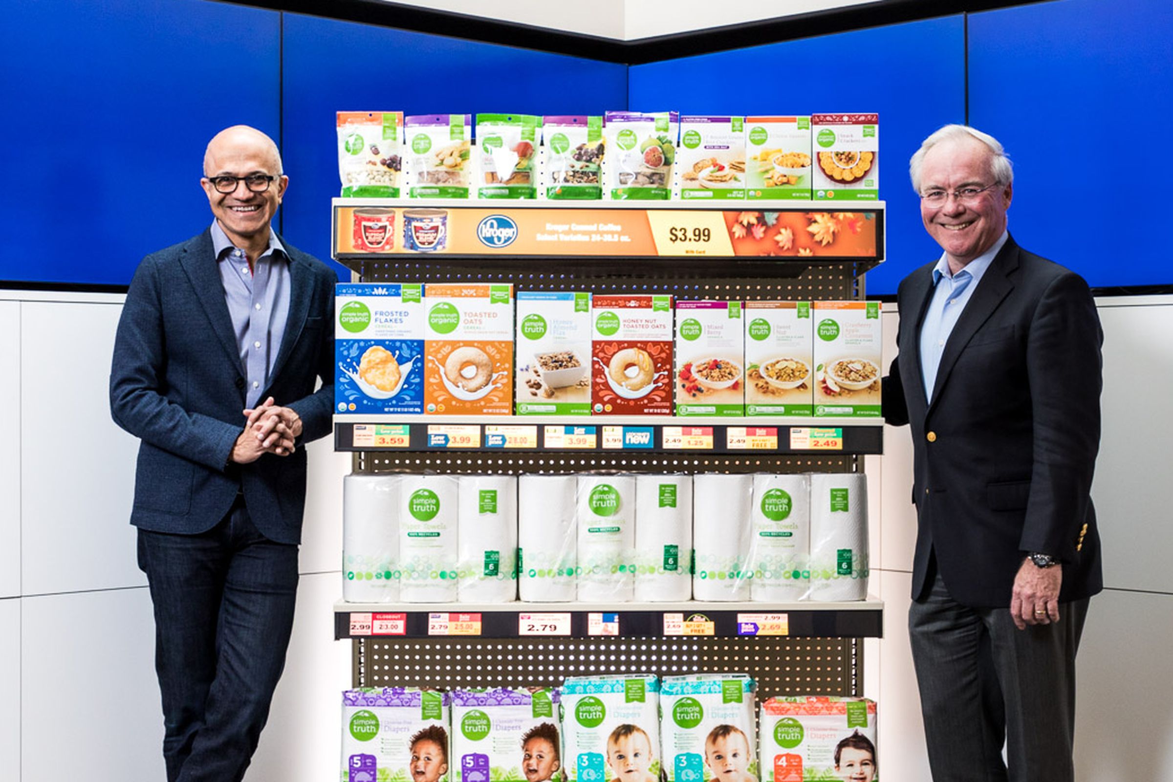 Microsoft CEO Satya Nadella (left) and Kroger CEO Rodney McMullen.