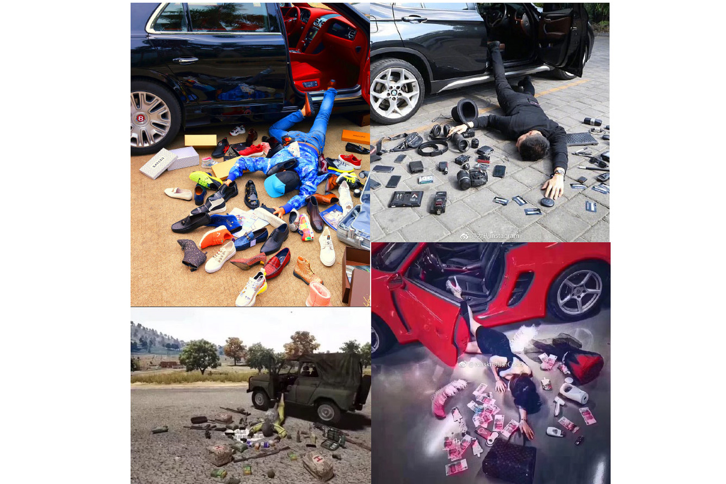 Clockwise from top left: various Chinese users pose falling out of their cars surrounded by luxury goods and money, and a PUBG character falls out of a Russian UAZ.