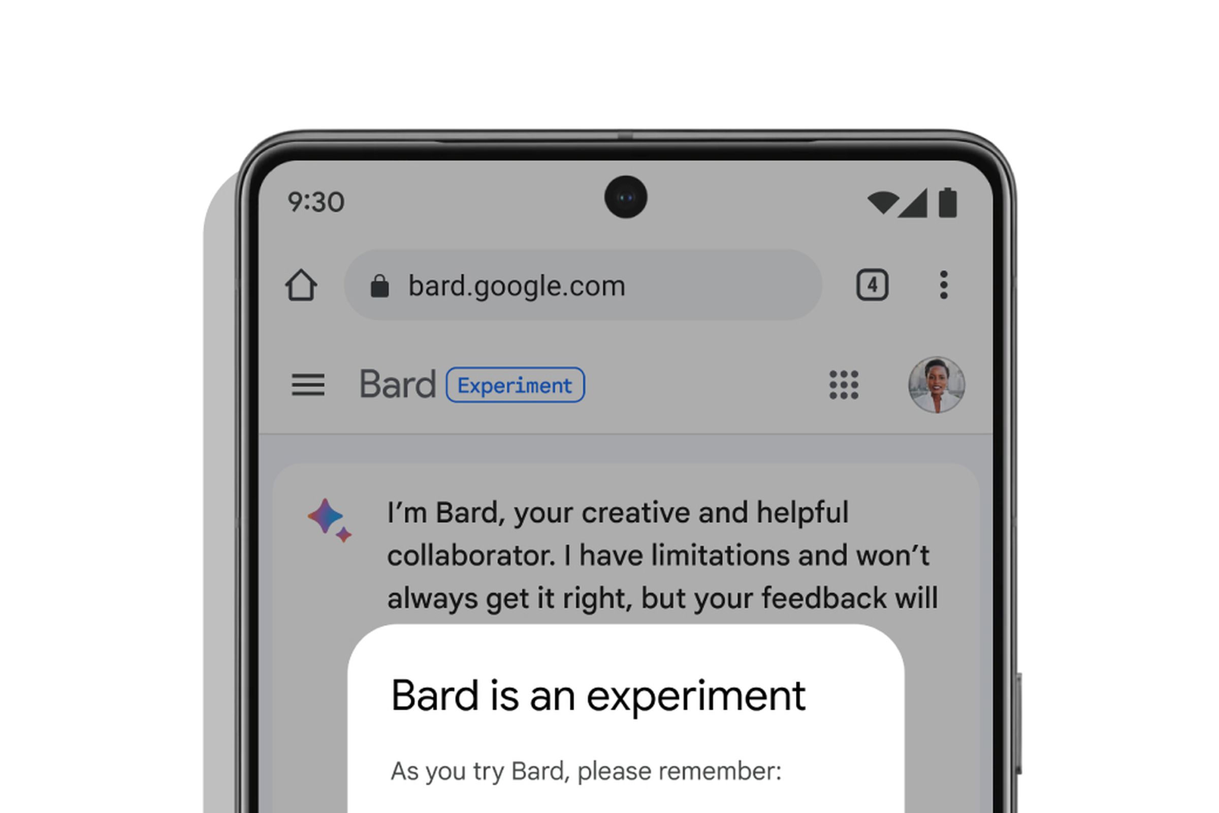 A screenshot of Bard saying, “Bard is an experiment.”