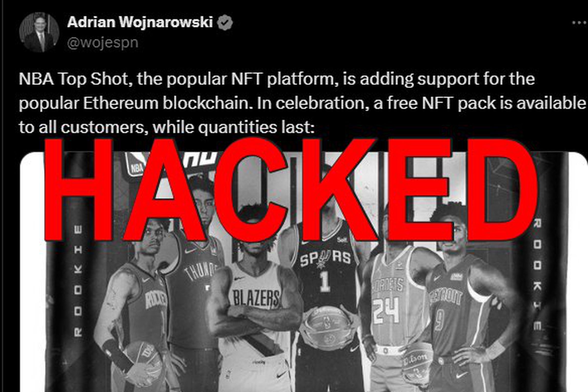 A greyscale image of the fake tweet, with the word “hacked” across it in red text.