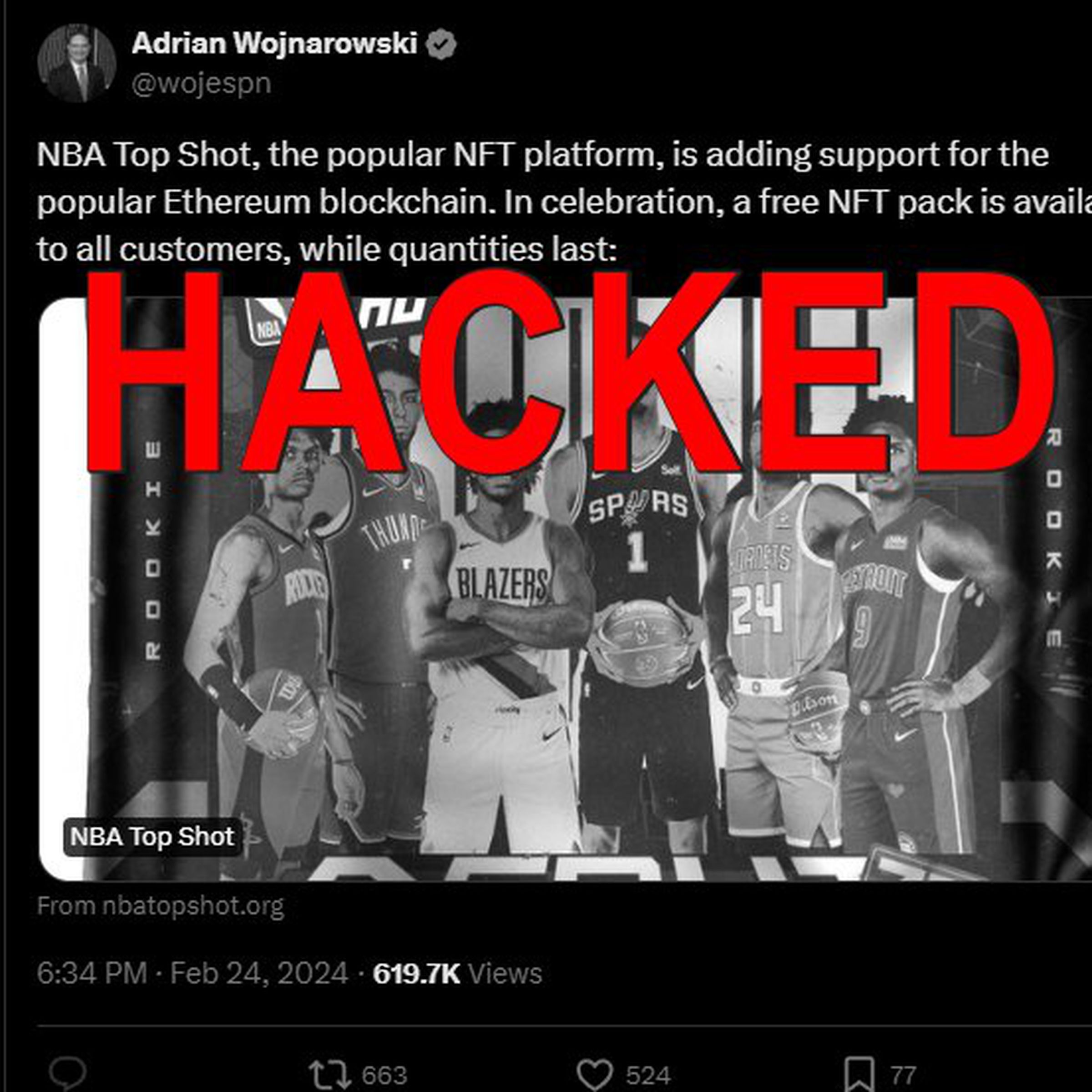 A greyscale image of the fake tweet, with the word “hacked” across it in red text.