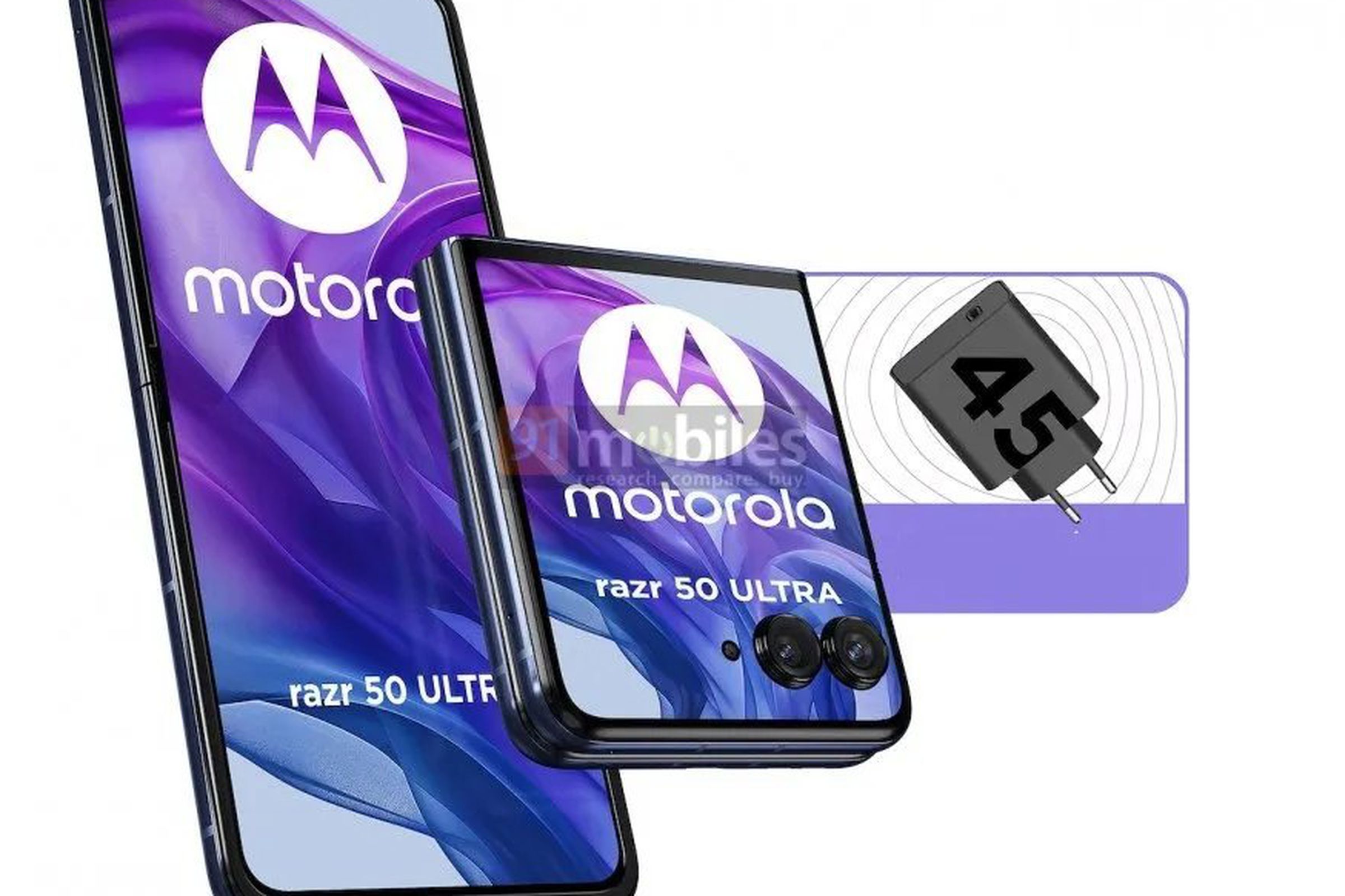 Rendered image showing a Motorola Razr 50 5G Ultra foldable phone both open, closed, and alongside its charger,