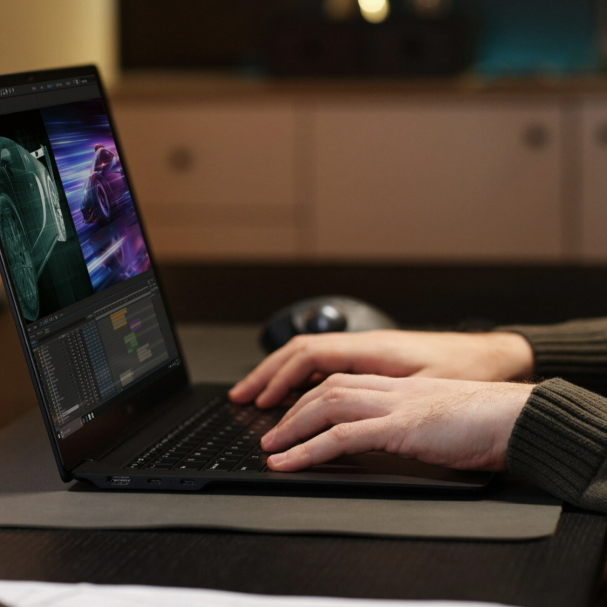 LG Gram Pro laptop shown from the side, sitting in a home office environment