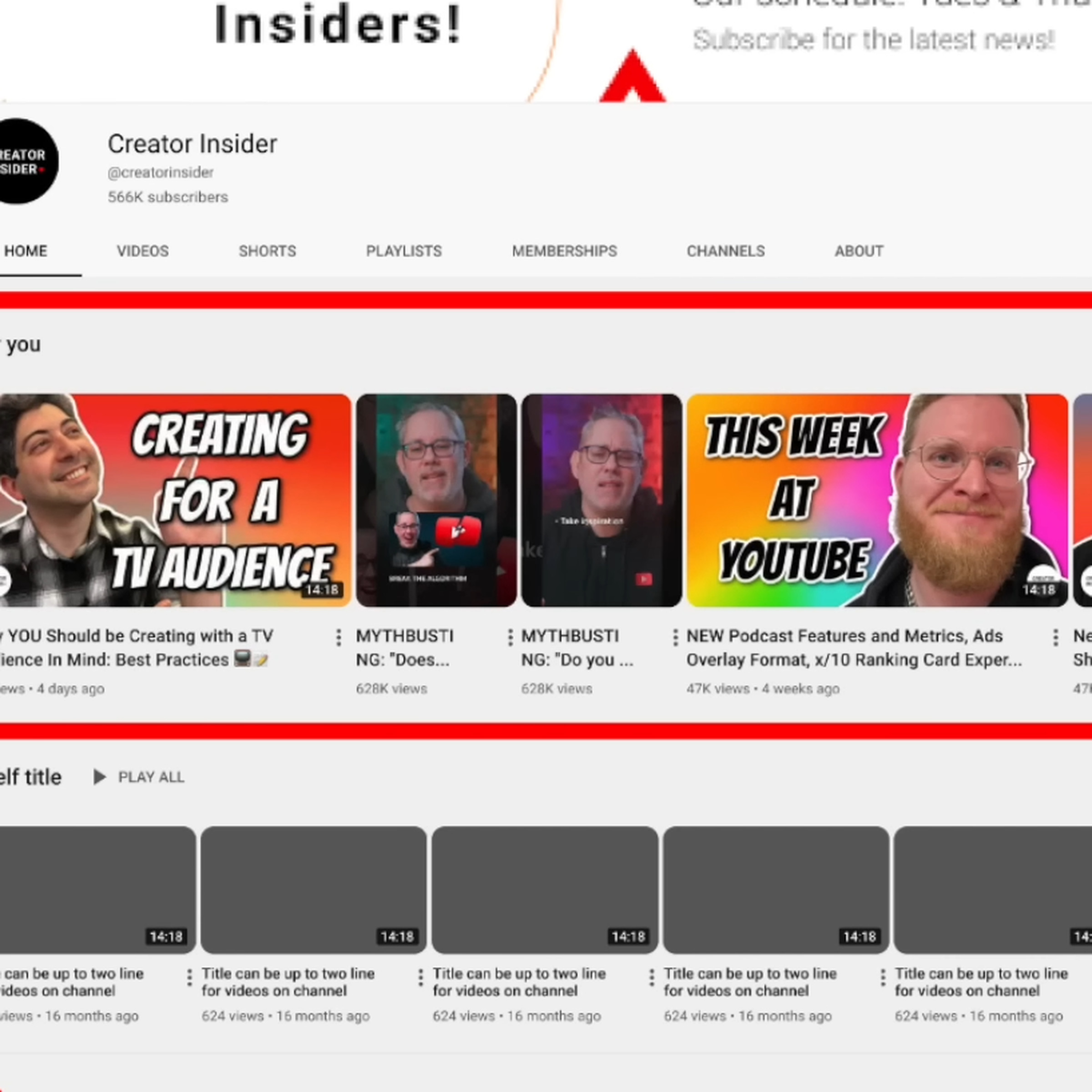 A screenshot of the For You section on the Creator Insider channel.