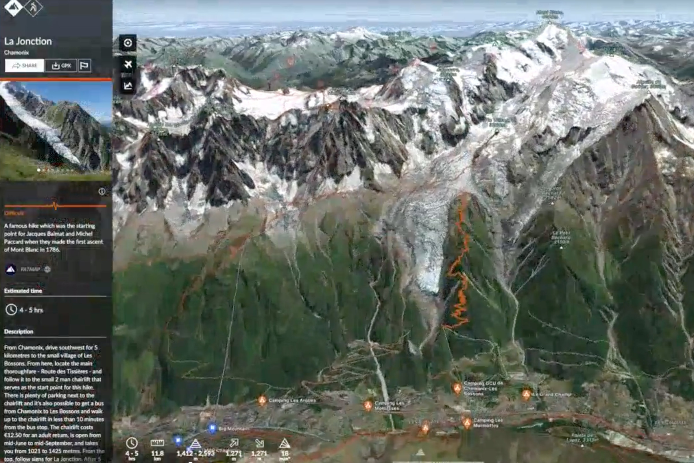 Visual mockup of a 3D mountain with various points of interest mapped in Strava app.