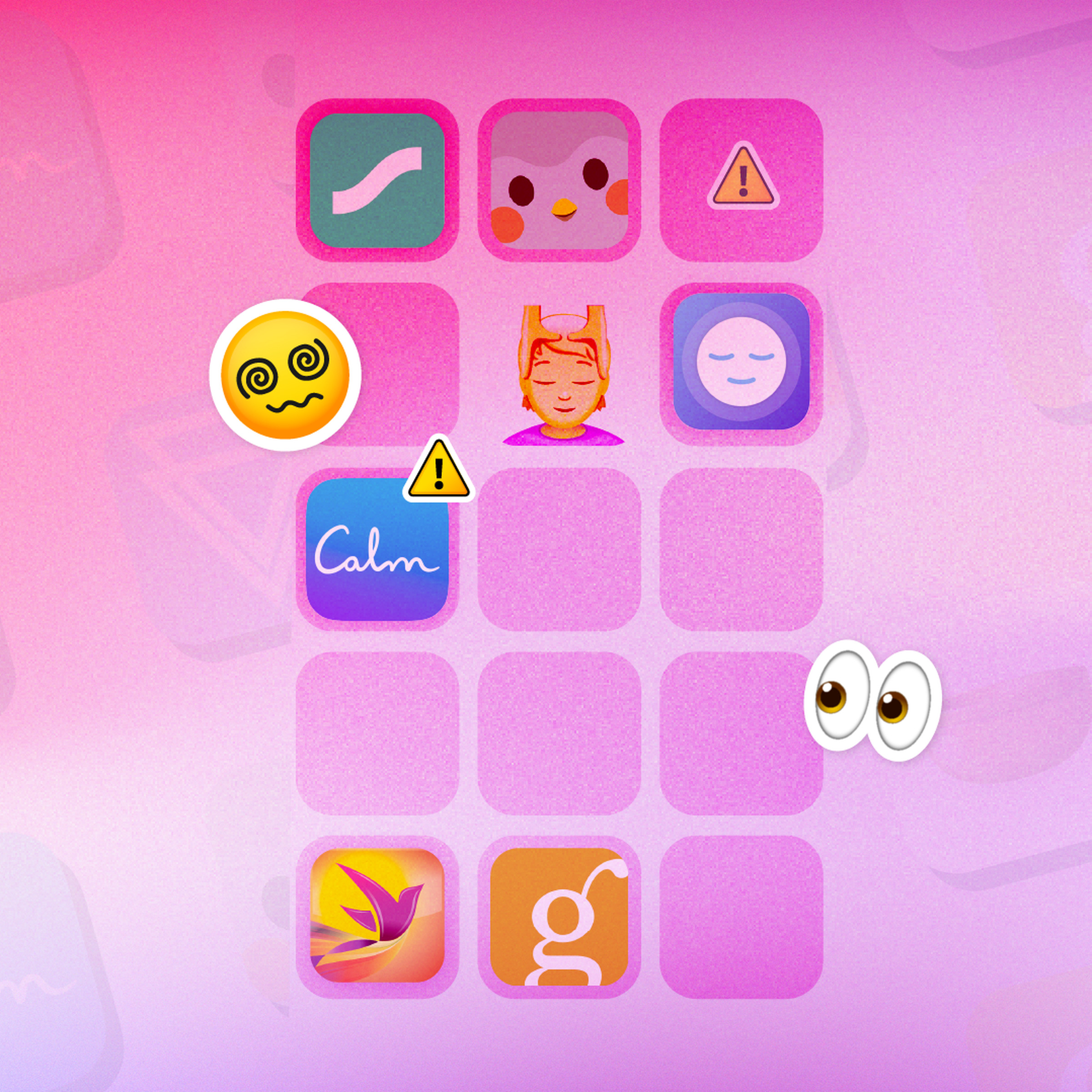 A selection of emojis and icons for mental health apps against a pink background.