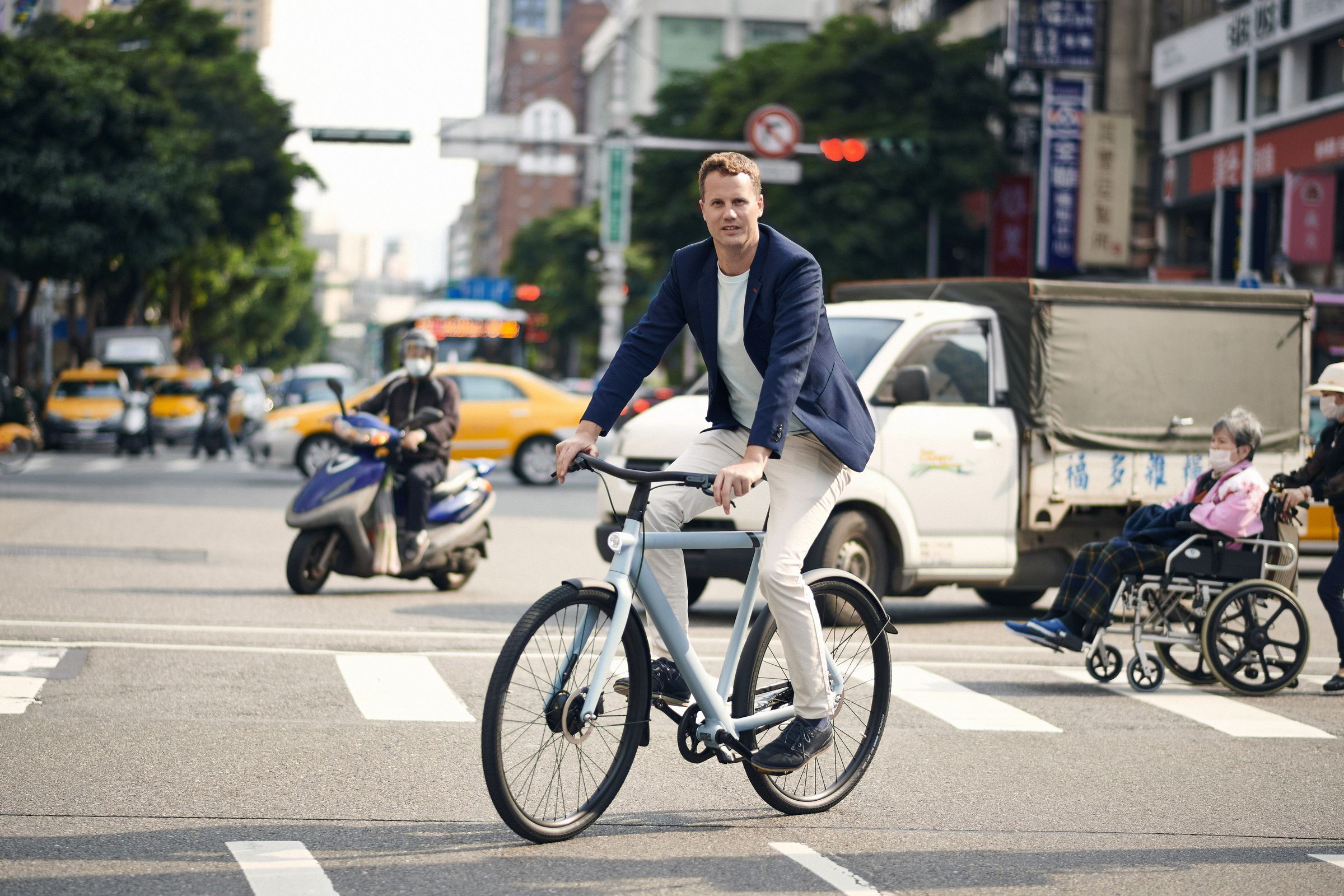 VanMoof co-founder Ties Carlier on an S3 electric bike.