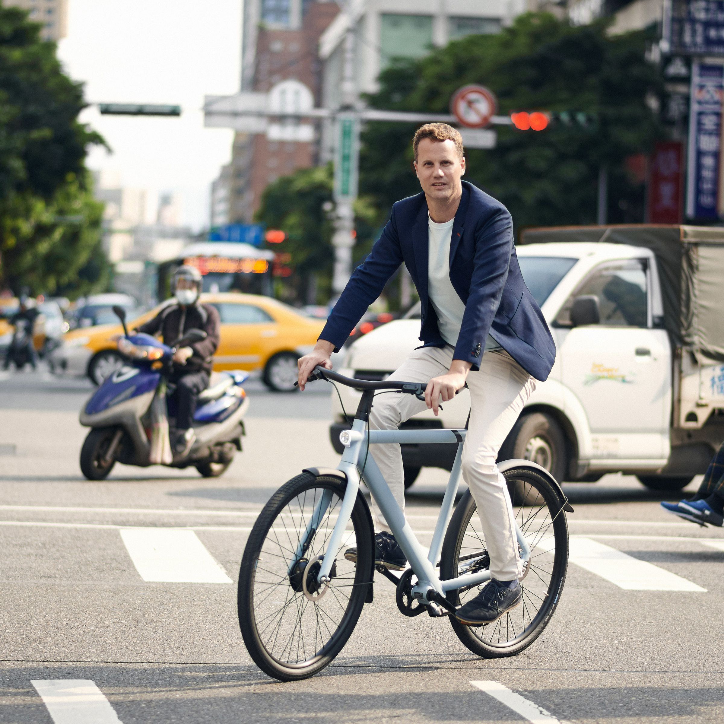VanMoof co-founder Ties Carlier on an S3 electric bike.
