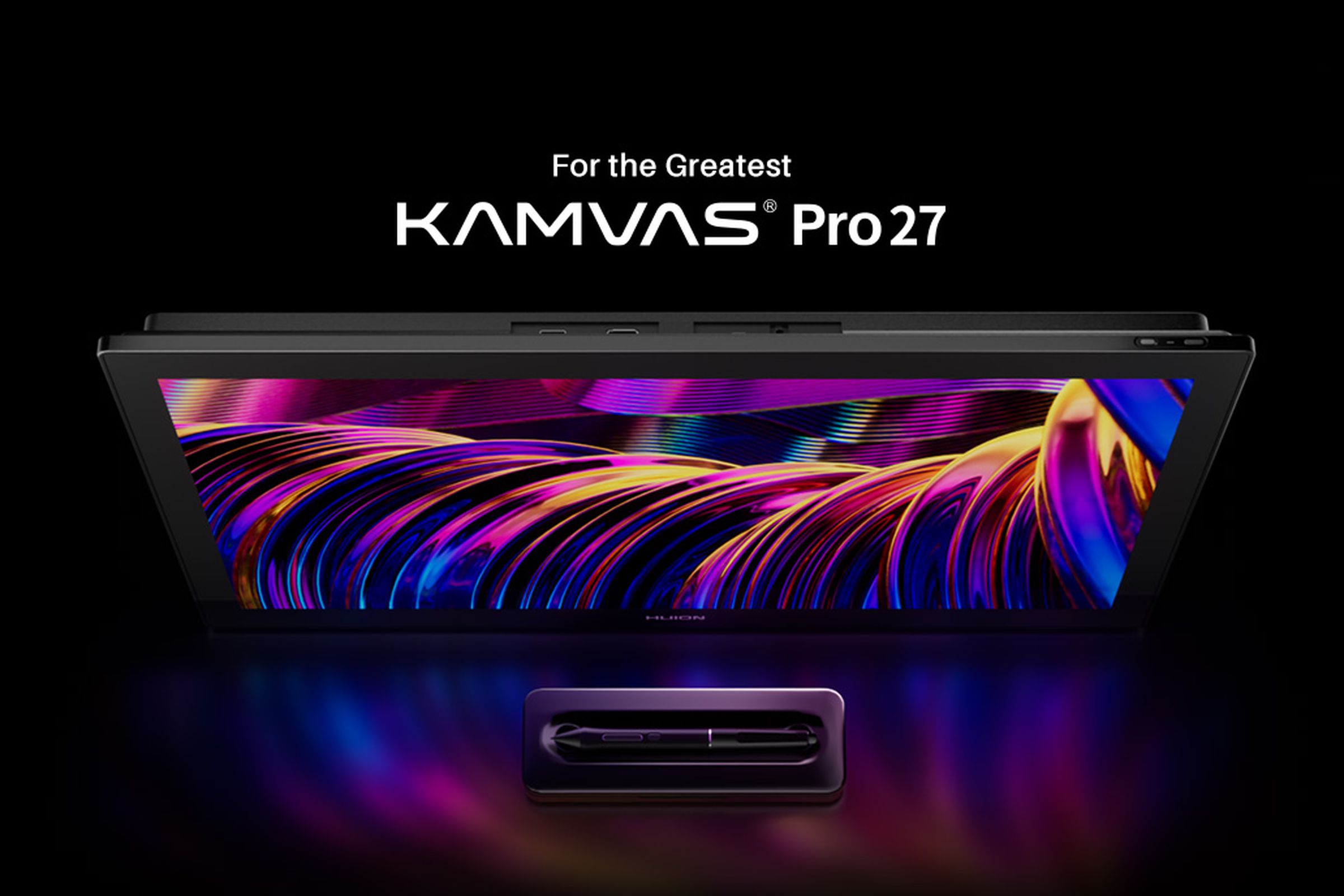 The Huion Kamvas Pro 27 and its two pen styluses against a black backdrop.