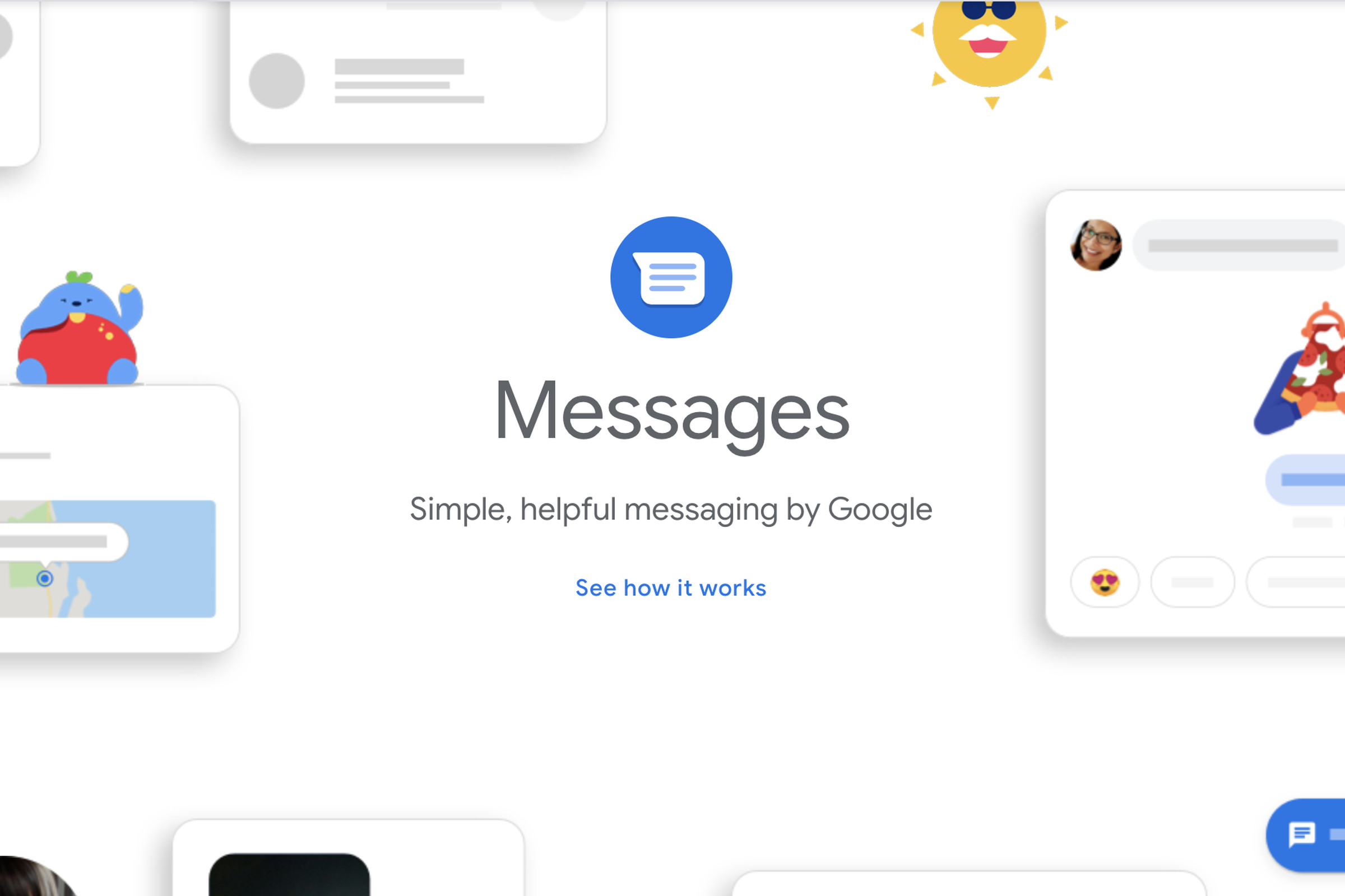 A Google Messages icon surrounded by messaging windows.