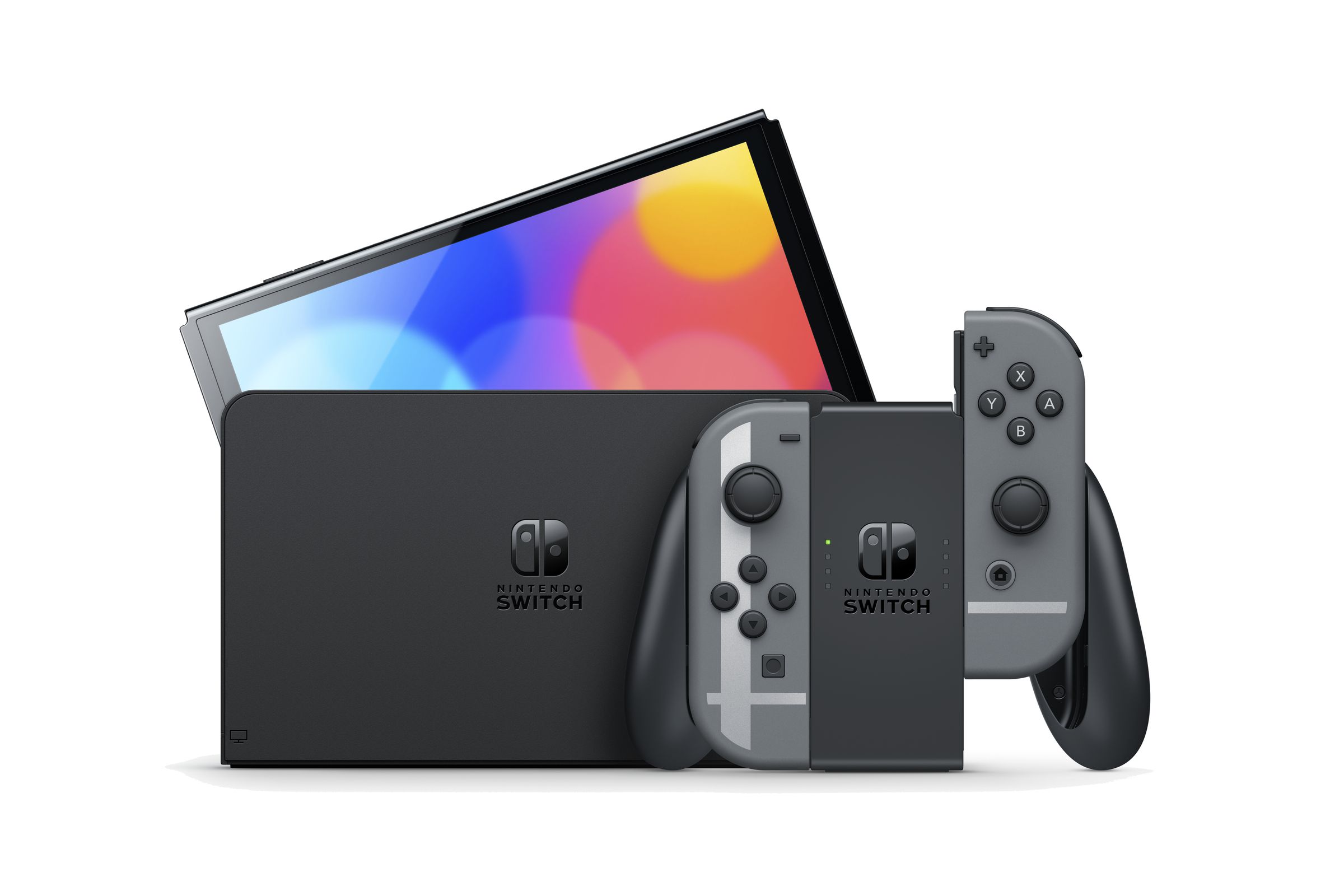 An image of a OLED Nintendo Switch with Smash Bros.-themed controllers