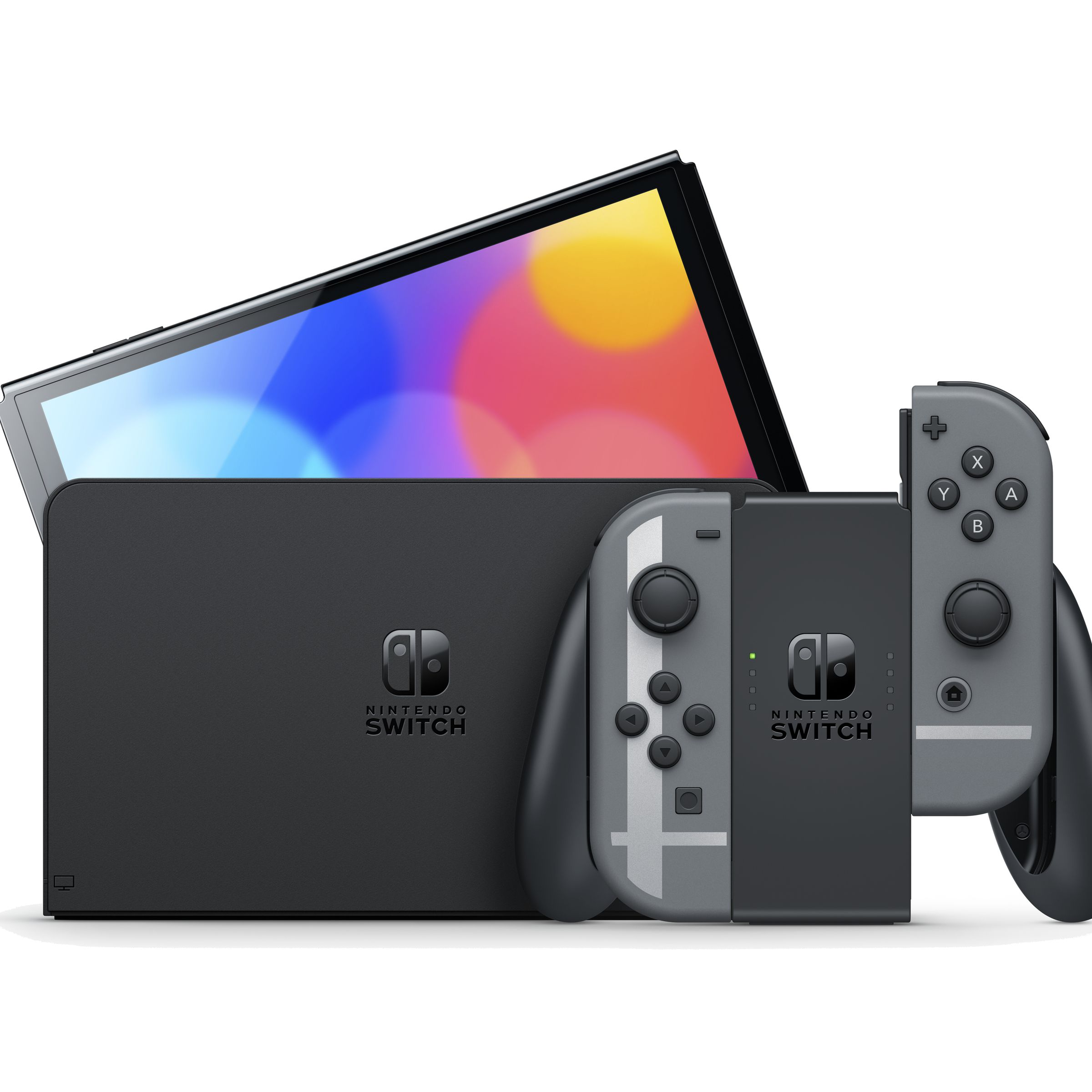 An image of a OLED Nintendo Switch with Smash Bros.-themed controllers