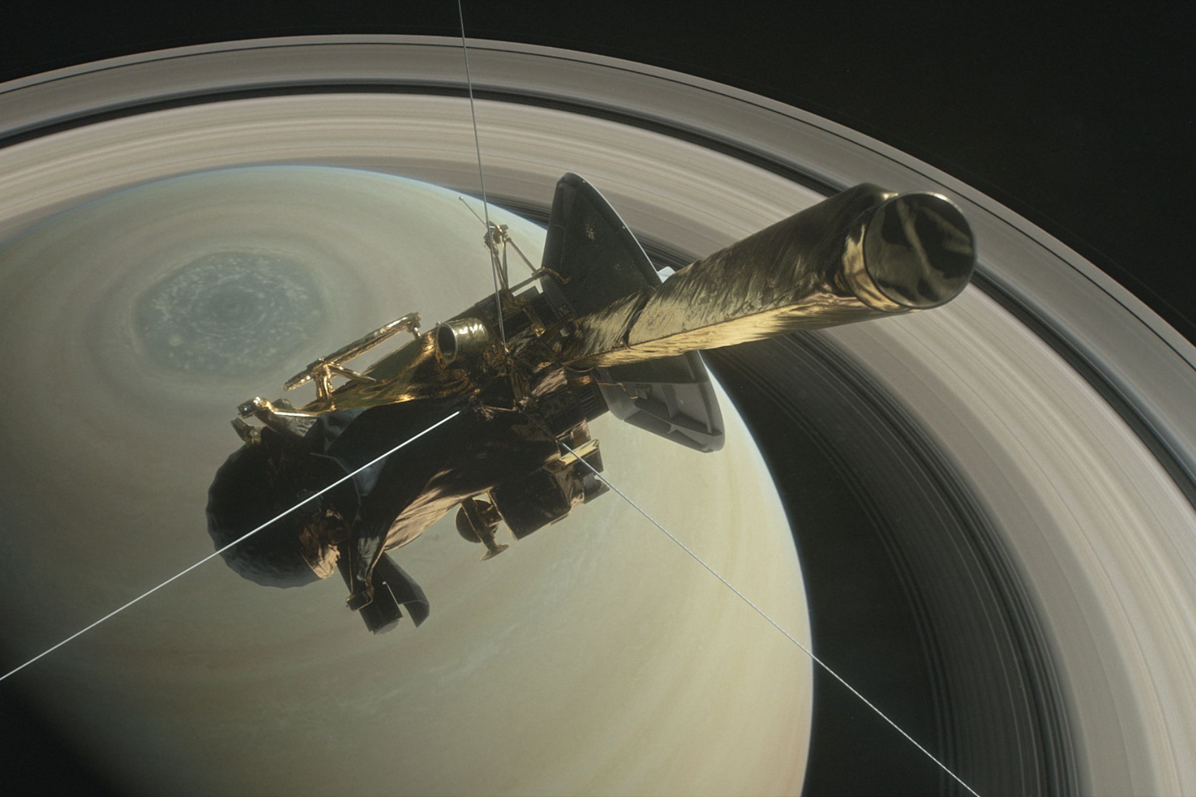 An artistic rendering of Cassini at Saturn.