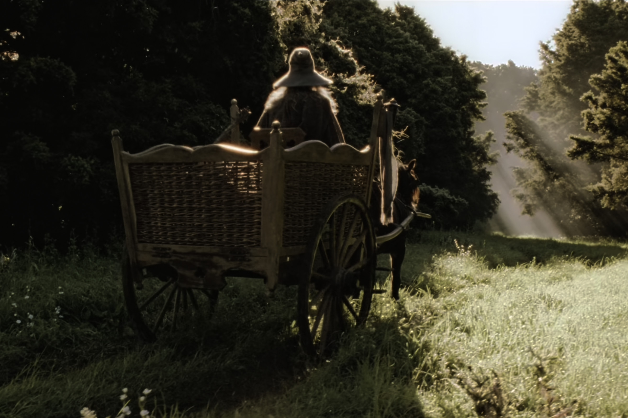Frame from Lord of the Rings: Fellowship of the Ring, with Gandalf riding in a cart.