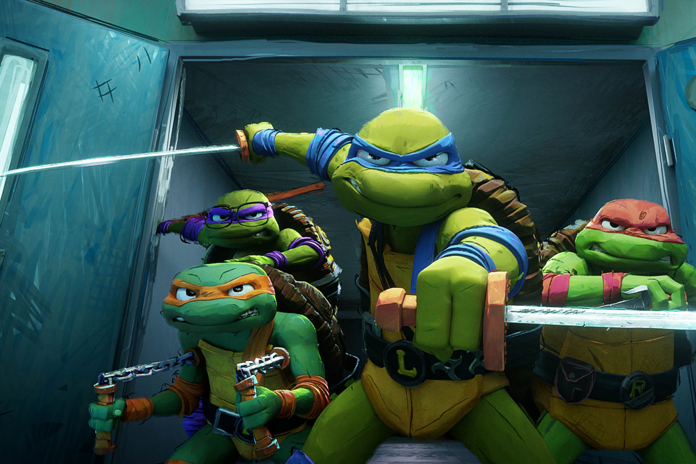 A group of humanoid turtles wearing masks, standing on their hind legs, and holding an assortment of ninja weapons.
