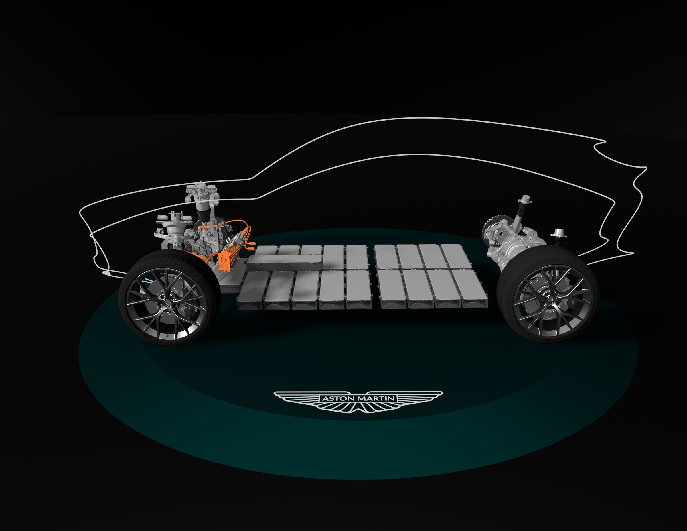 An outline of two car bodies over a drwing of an electric car platform with wheels and battery cells, demonstrating what Aston MArtin is building.