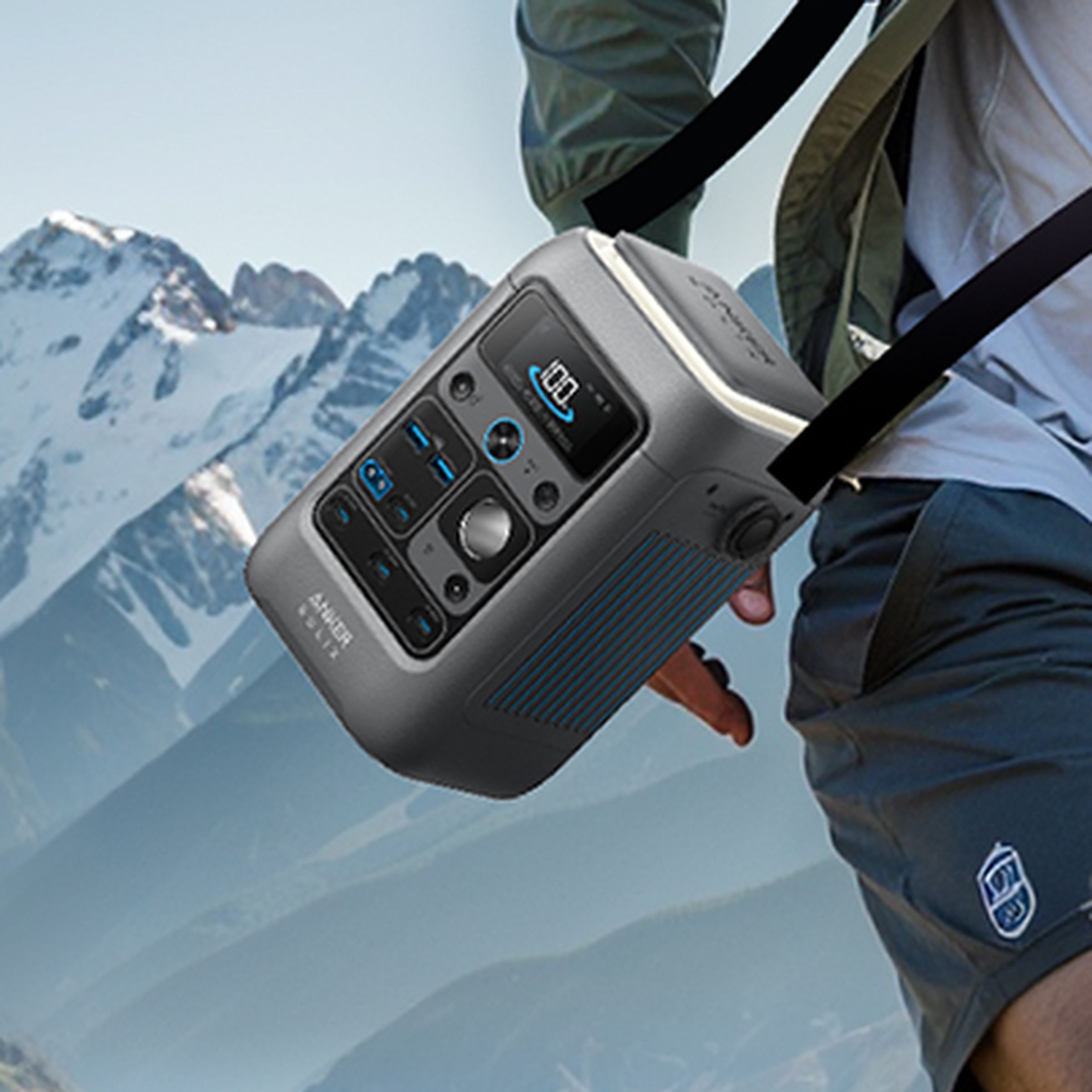 A user running and carrying the Anker Solix C300 DC power station on a mountain trail.